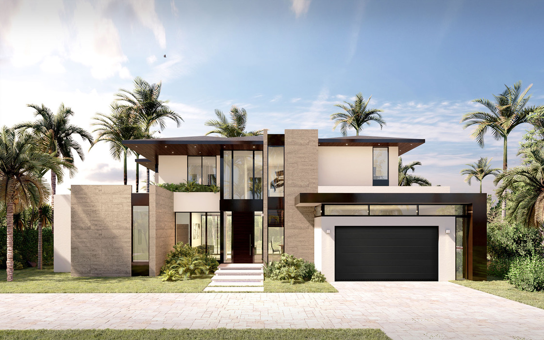 Illustrative architectural rendering of the front elevation of the repositioned Keystone residence