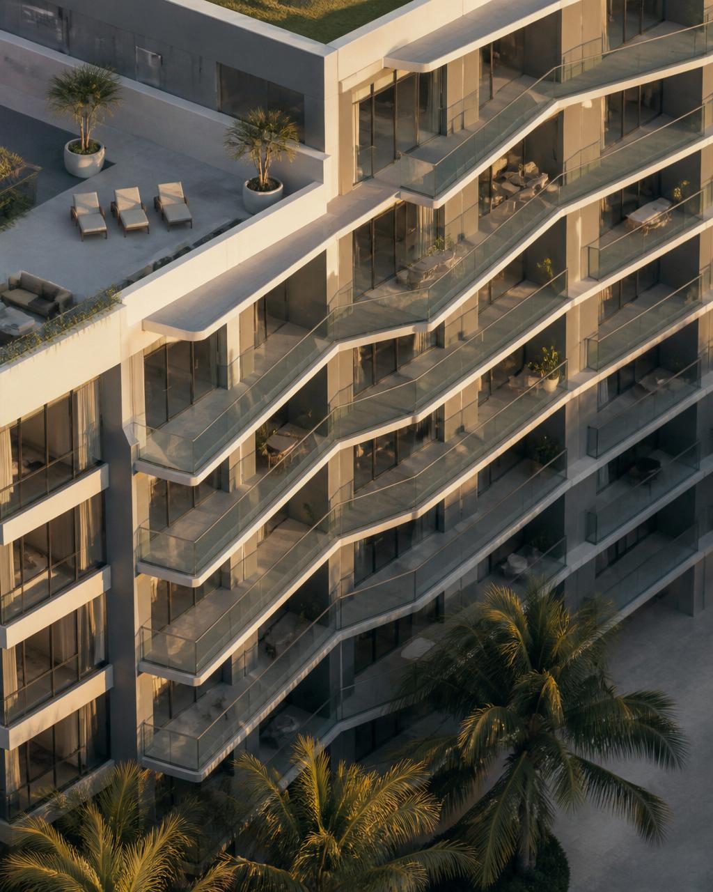 Aerial detail of a modern Miami residential building