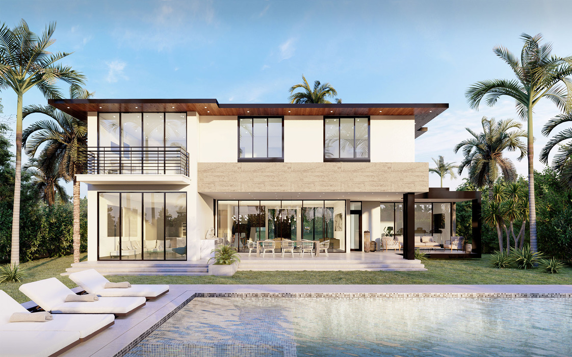 Illustrative architectural rendering of the rear elevation and pool of the repositioned Keystone residence
