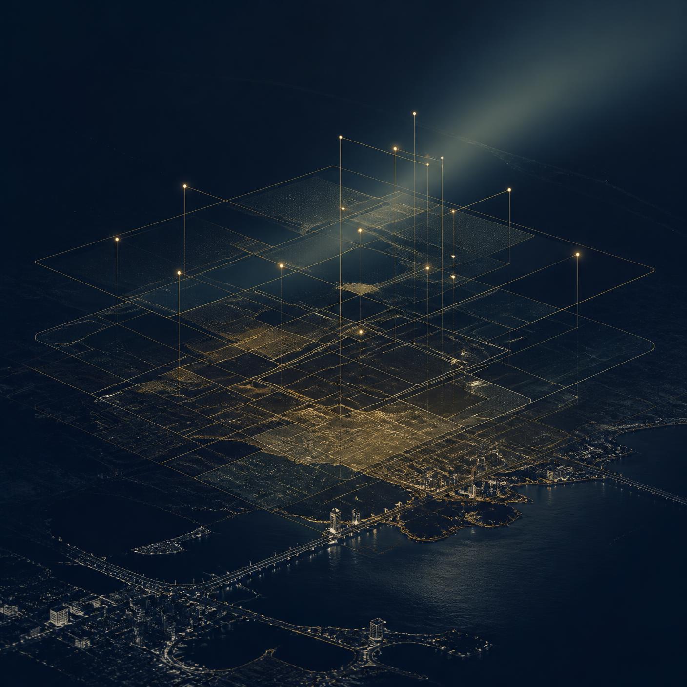 Abstract illustration of Miami-Dade parcels layered under a decision-node data lattice